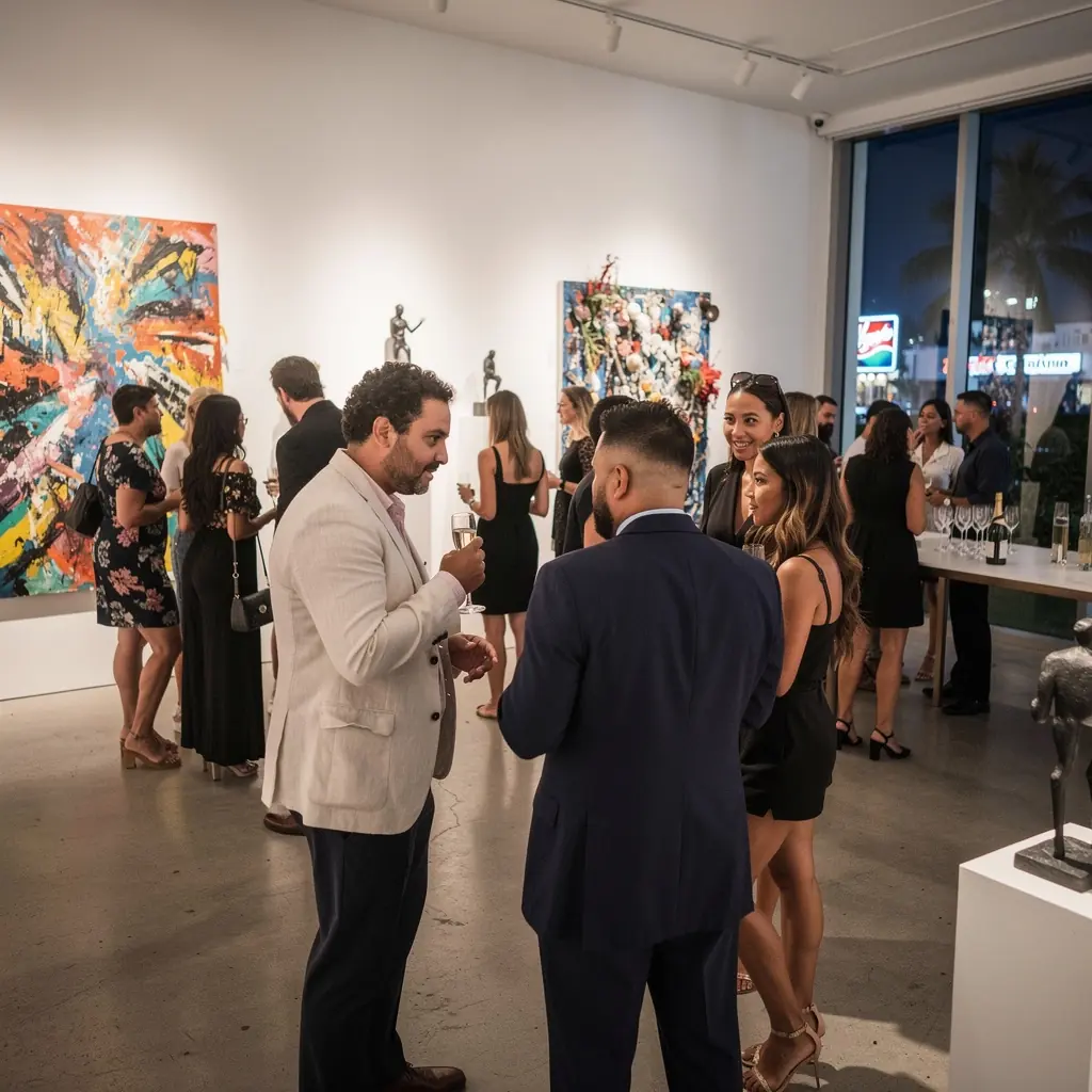 Экскурсия по музею современного искусства с посетителями, восхищающимися экспонатами.